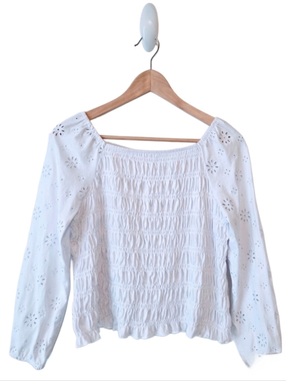 White Eyelet Smocked Blouse